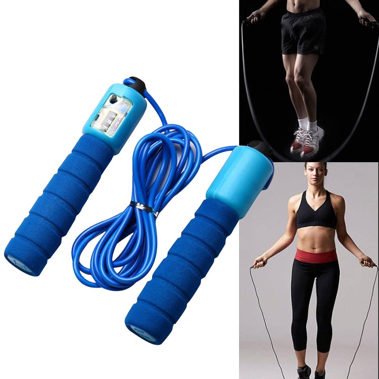 Blue adjustable jump rope with foam handles and built-in counting display