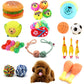 Assorted rubber squeaky dog toys: burger, character balls, rope, football, and small toys