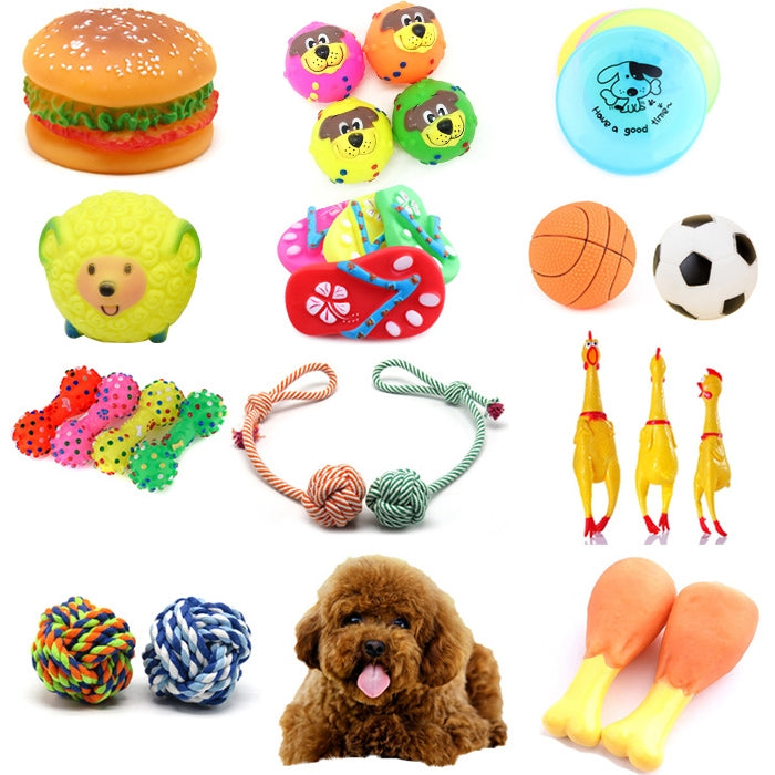 Assorted rubber squeaky dog toys: burger, character balls, rope, football, and small toys