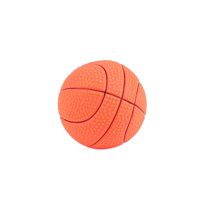 Orange rubber squeaky sports ball dog toy with raised texture and black seam lines