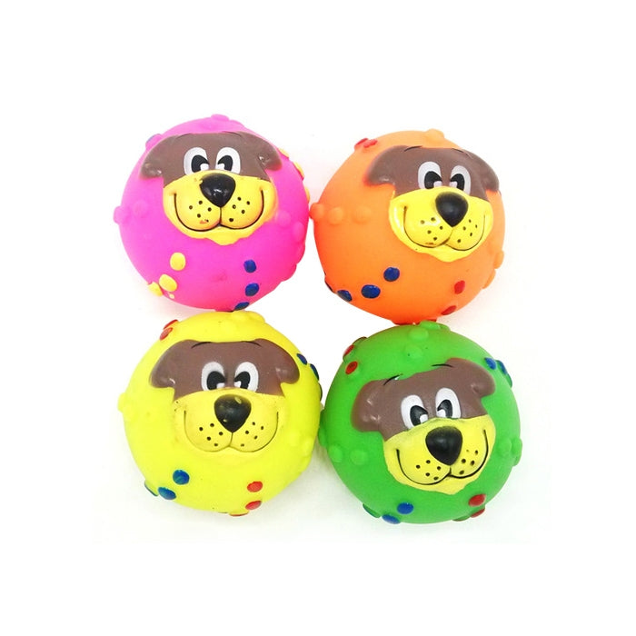 Set of four rubber squeaky ball toys with cartoon lion faces in pink, orange, yellow, and green