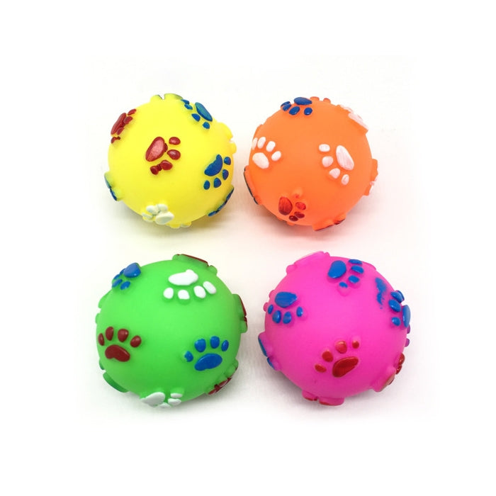 Rubber squeaky dog ball set with paw-print designs in yellow, orange, green, pink