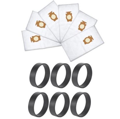 Vacuum dust bags and drive belt set, white bags with brown icons and black belt rings