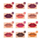 Twelve matte lip color swatches on lips, labeled 01–12