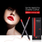 Red matte lip liner pencils and lip product box, shown with model's red lips