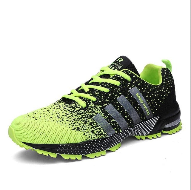 Neon green and black lace-up trekking sneakers with breathable knit upper