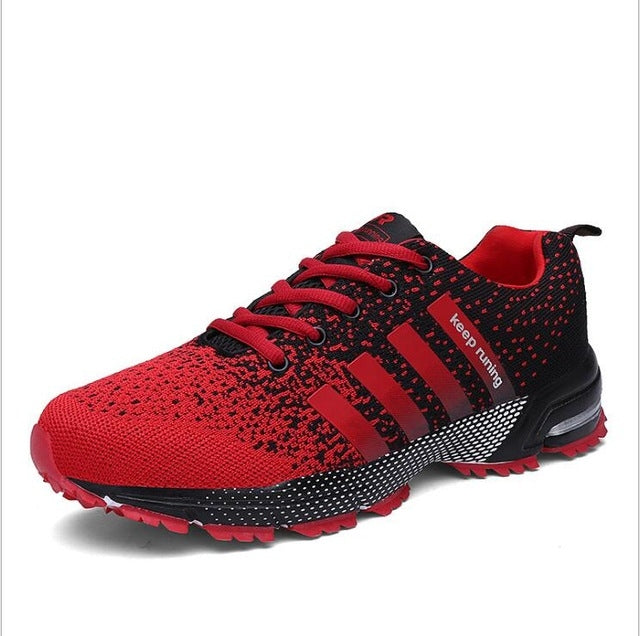 Red and black lace-up trekking shoes with side stripes and cushioned sole