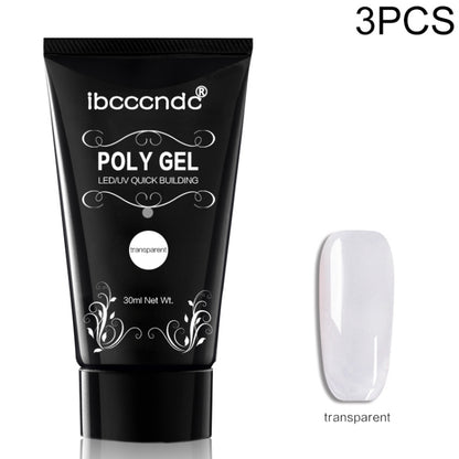 Transparent poly gel tube and glossy clear nail swatch, LED/UV quick building