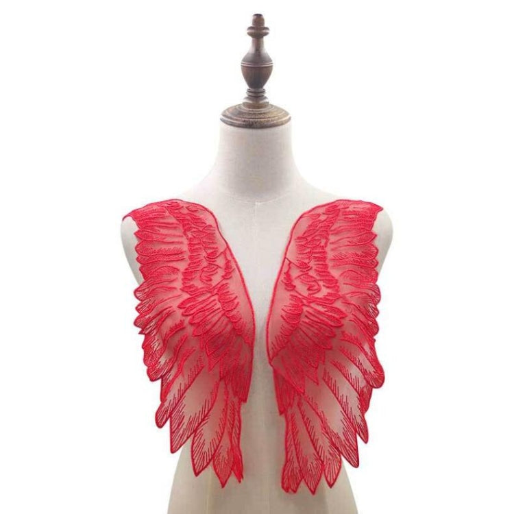 Red organza wing appliques with detailed stitched leaf pattern, two-piece set