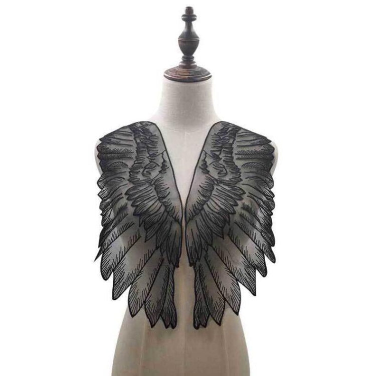 Black organza wing appliques with stitched feather-leaf embroidery, DIY pair