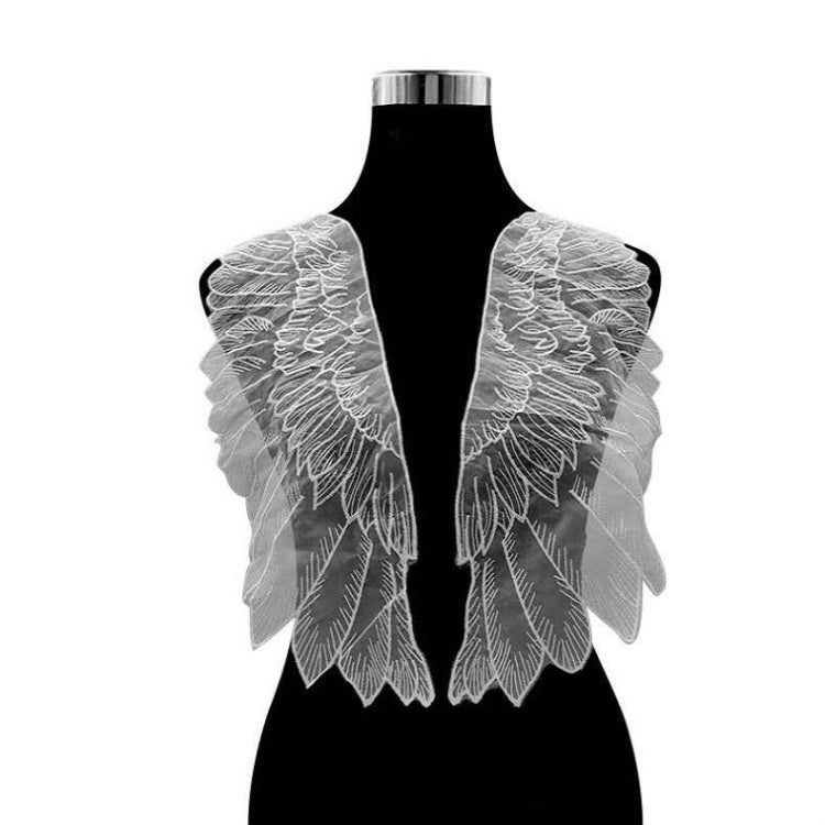 White translucent organza wing appliques with stitched leaf pattern, two-piece set