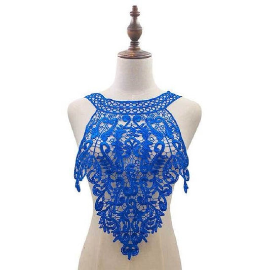 Blue embroidered lace fake collar with floral cutout and scalloped neckline