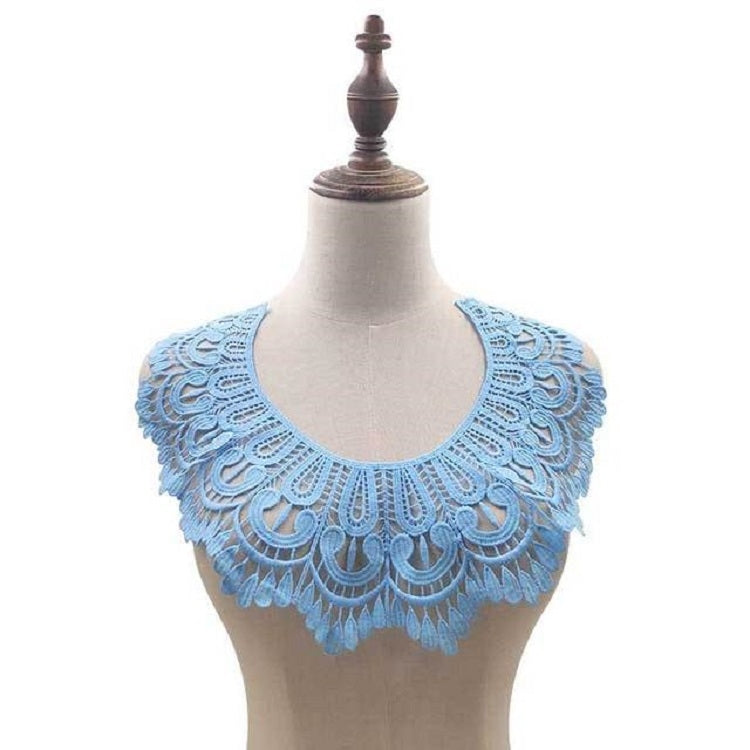 Sky blue lace embroidered fake collar with scalloped, 3D hollow floral edge