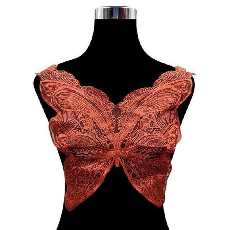 Butterfly lace collar with embroidered wing pattern, rust red lace on black display