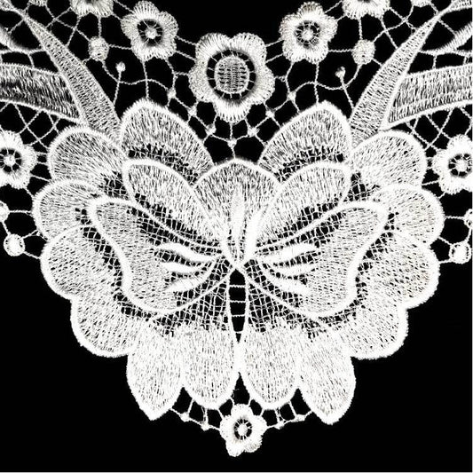 White lace butterfly flower collar detail with floral embroidery on black background