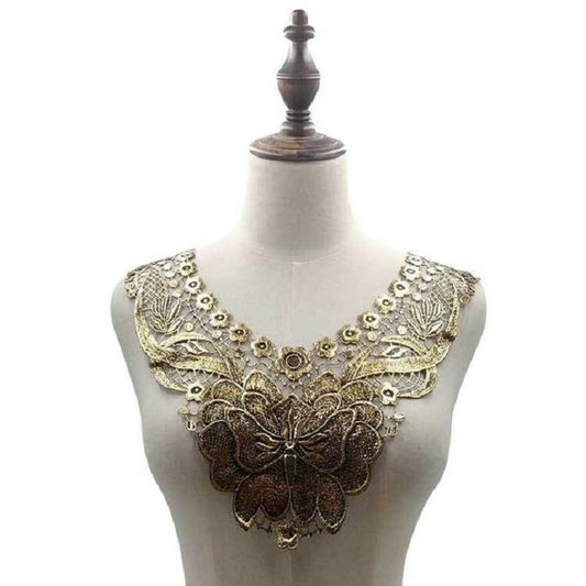Gold lace butterfly flower embroidered fake collar with 3D hollow design on mannequin