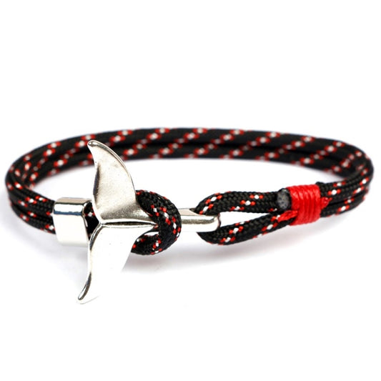 Nautical rope bracelet with whale-tail anchor charm, black-and-red patterned braid