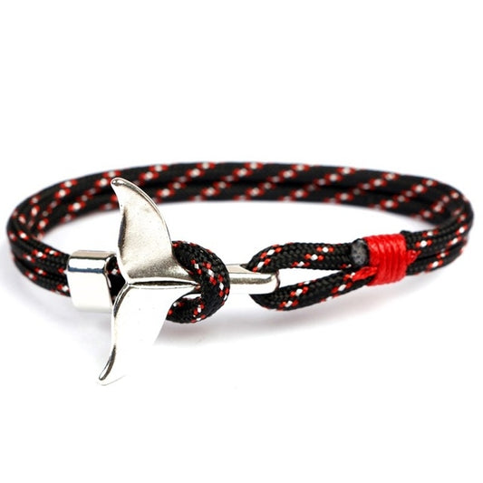 Nautical rope bracelet with whale-tail anchor charm, black and red braided cords