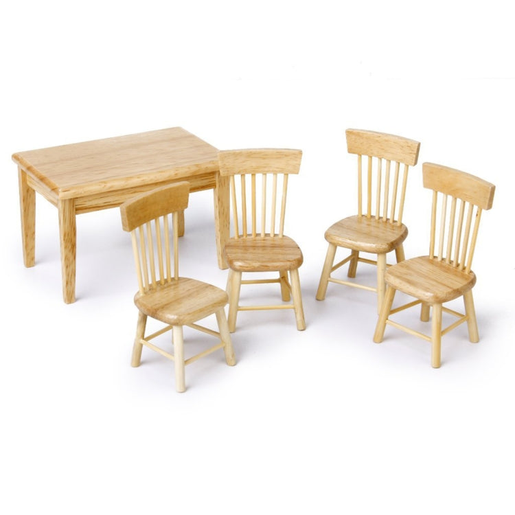 Mini dollhouse dining table and four chairs set, light wood