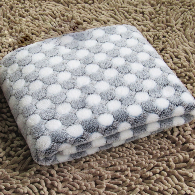 Flannel pet blanket with light gray and white dot pattern, soft fuzzy top, folded