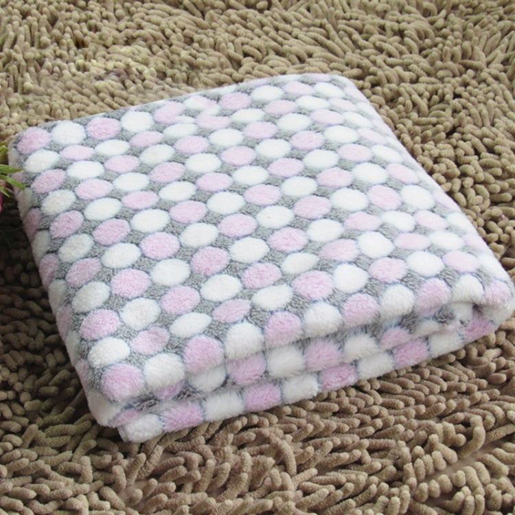 Flannel pet blanket with pastel pink and lavender dot pattern, soft fuzzy top, folded