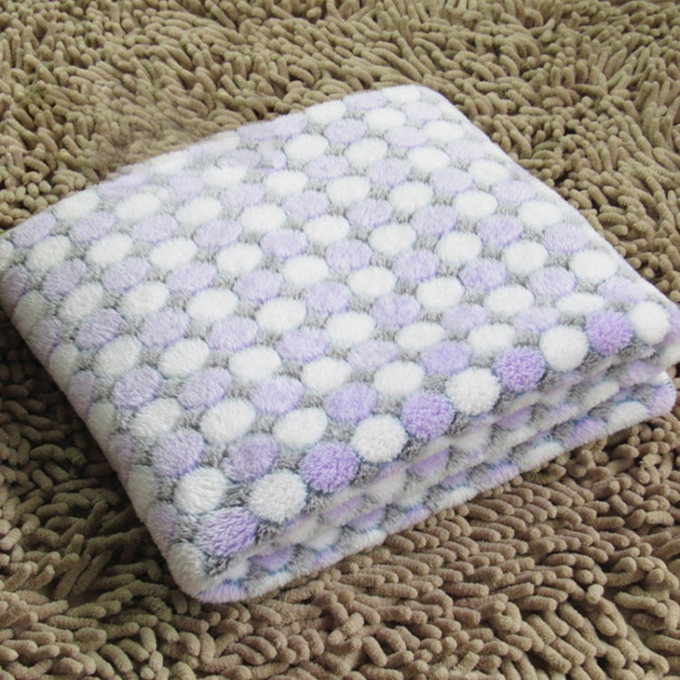 Flannel pet blanket with pastel lavender and pink dots, soft fuzzy top, folded