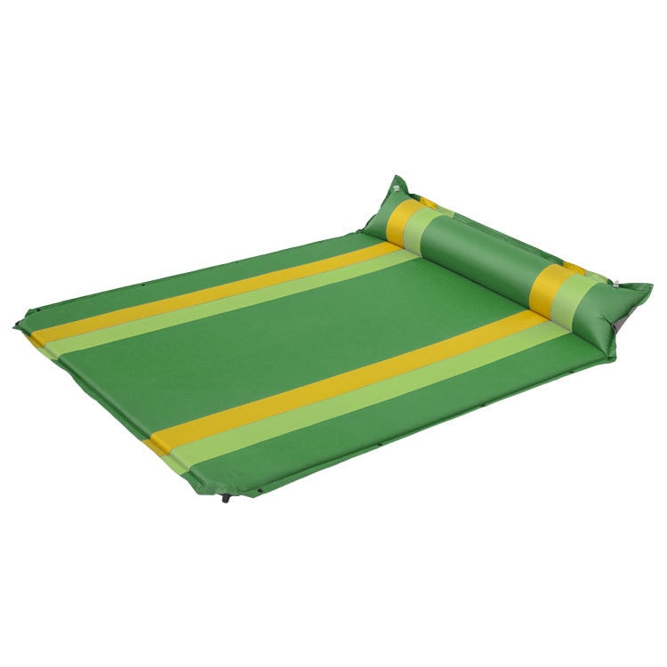 Double inflatable camping air cushion in green with yellow stripe accents