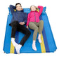 Blue double inflatable camping air cushion with yellow stripe accents