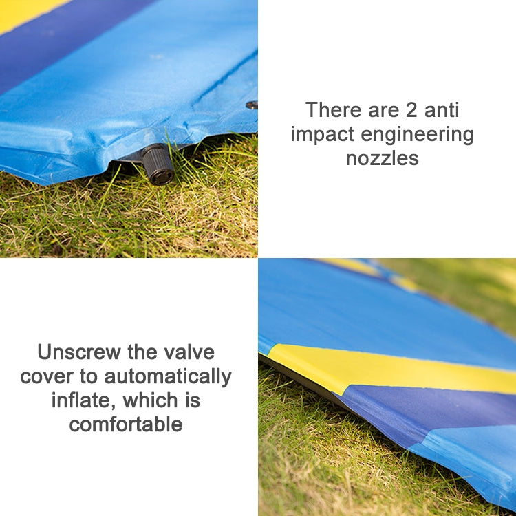 Blue inflatable camping air cushion corner with impact nozzle and valve opening