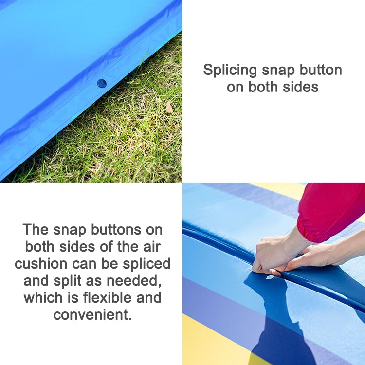 Blue inflatable camping air cushion edge with snap-button seam and connector holes