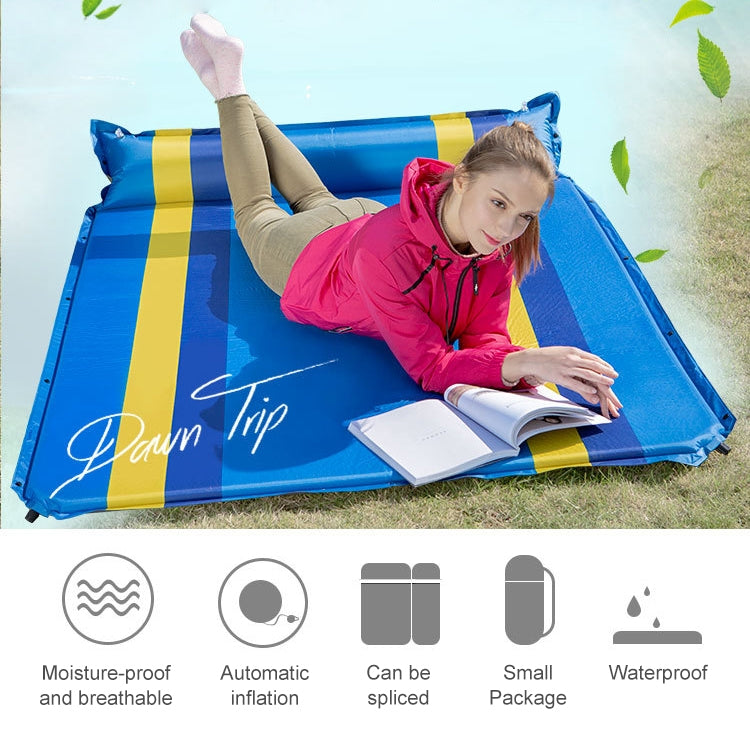 Blue double inflatable camping air cushion with yellow stripes for camping use