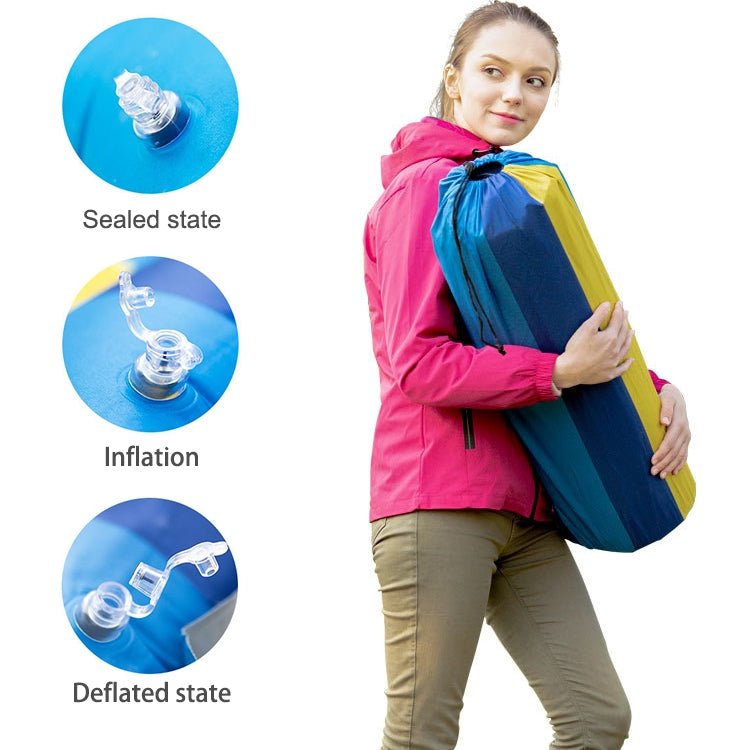 Blue inflatable camping air cushion with inflation parts shown on the surface
