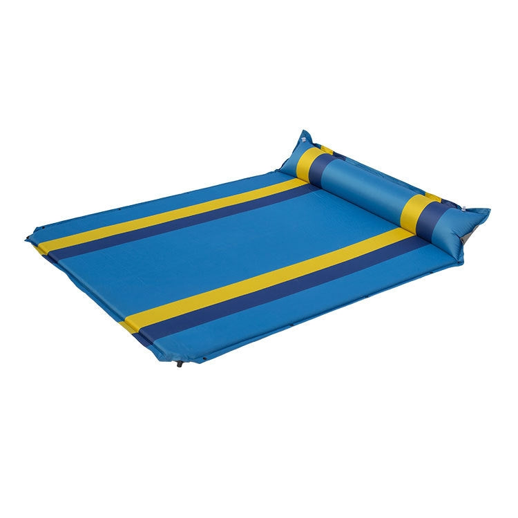 Blue double inflatable camping air cushion with yellow stripe center and side rolls