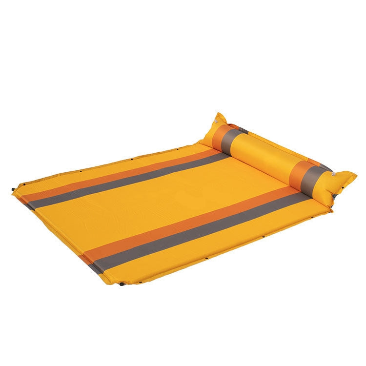 Orange double inflatable camping air cushion with yellow and gray stripe panels