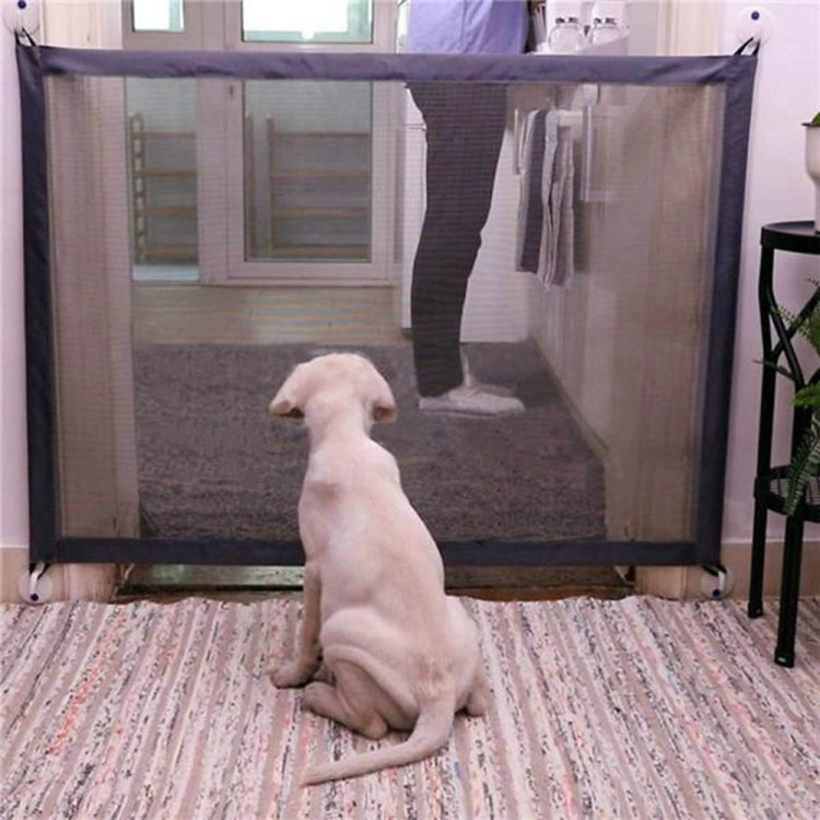 Portable folding pet fence gate with beige mesh panels and dark frame, open entry space