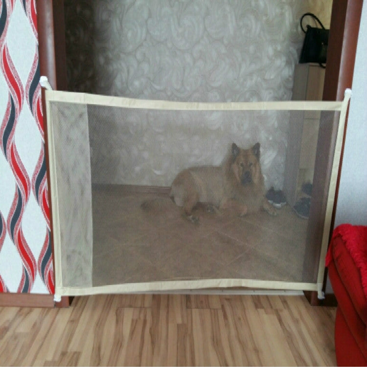 Portable folding pet safety gate fence with mesh panels, beige frame