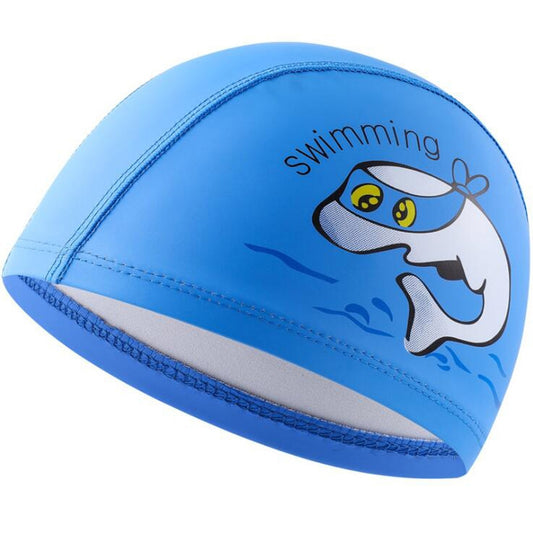 Children Swimming Cap PU Printed Cute Dolphin Pattern Elastic Swimming Cap, Children PU Swimming Cap (Dark Blue), Children PU Swimming Cap (Pink), Children PU Swimming Cap (Sky Blue), Children PU Swimming Cap (Silver Grey)