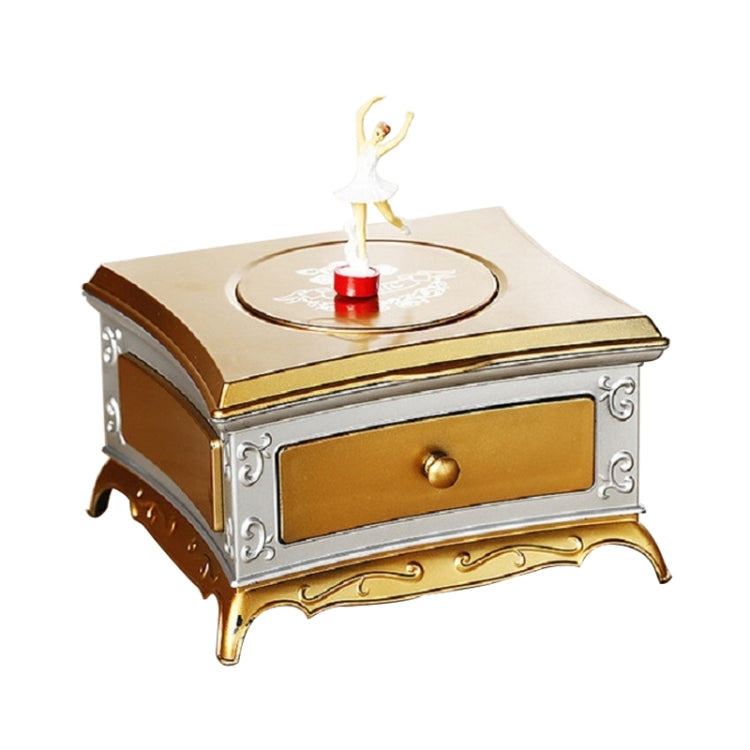 Rotating music box with mirror, open drawer, ballerina on music disc, gold and gray