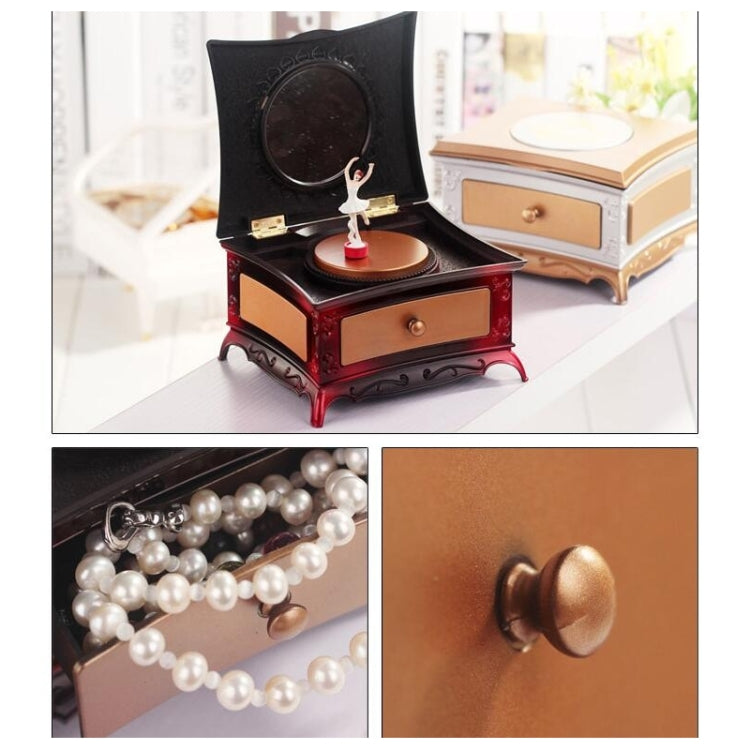 Rotating girl music box with mirror, open drawer, pearl details, dark lid and red base