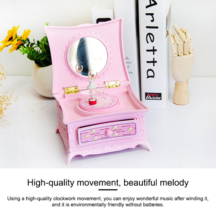 Rotating girl music box with mirror lid, pink base and drawer, ballerina on gold disc