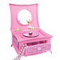 Rotating girl music box with mirror lid, pink base, pearl necklace detail, music disc inside