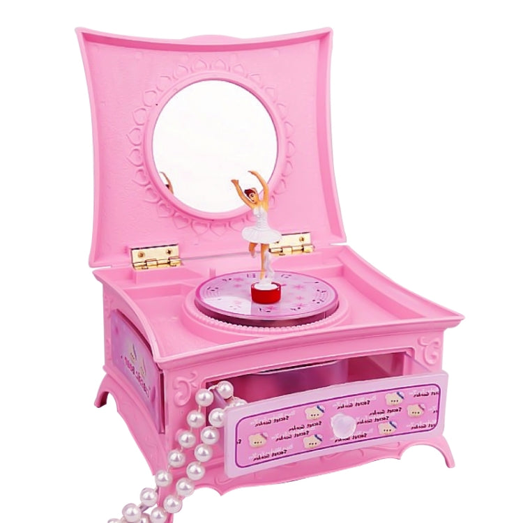 Rotating girl music box with mirror lid, pink base, pearl necklace detail, music disc inside