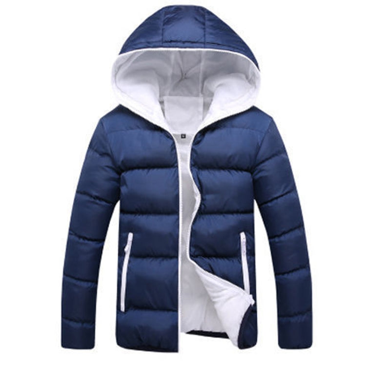 Dark blue hooded puffer coat, white hood lining, zip front, two side zip pockets