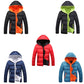 Hooded puffer coats in assorted colors: black/orange, green, blue, and red with bright lining