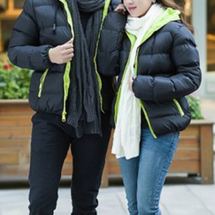 Black puffer coat with neon green hood lining and trim, zip front, side pockets