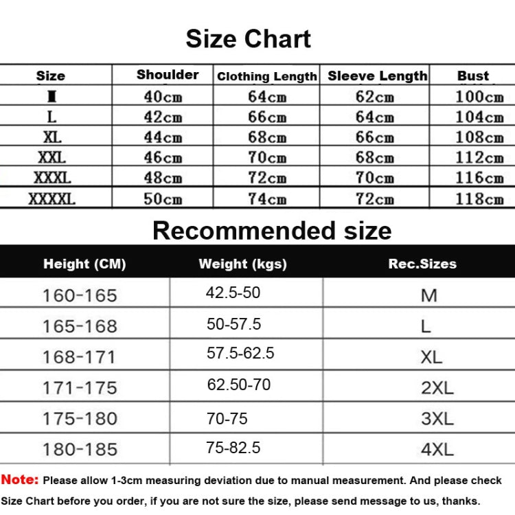 Size chart table for men hooded cotton coat showing shoulder, length, sleeve, and bust