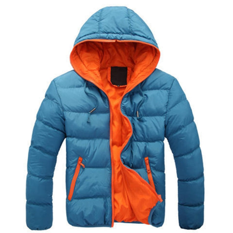 Light blue hooded puffer coat with orange lining, front zipper, and side pocket zips