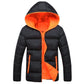 Black hooded puffer coat with orange hood lining, zip front, and side pocket zips