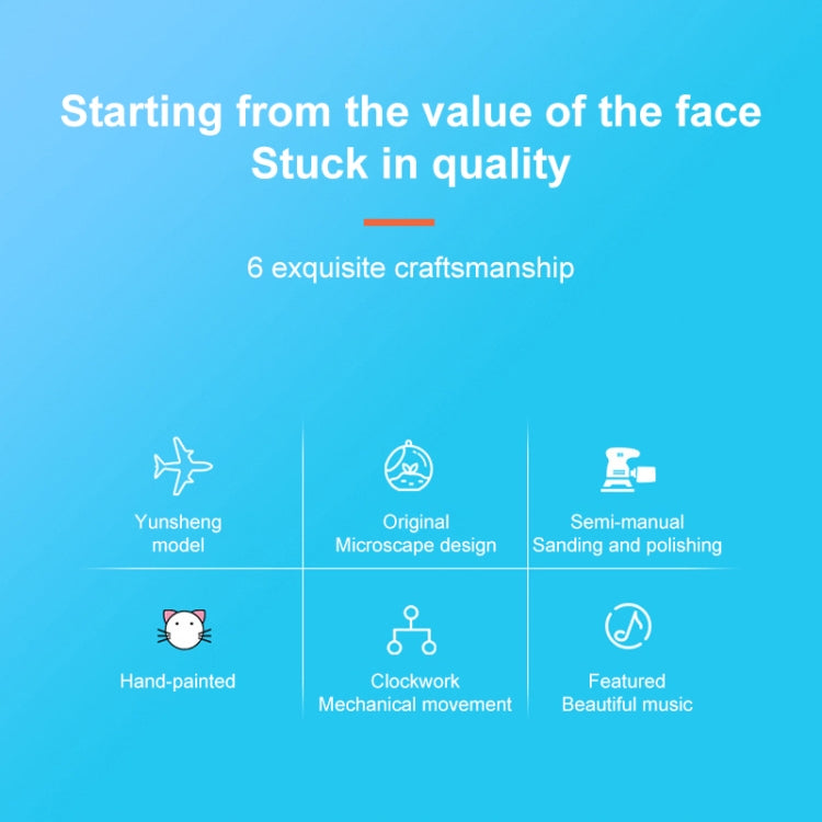 Rotating wooden music box feature infographic with craftsmanship icons and steps