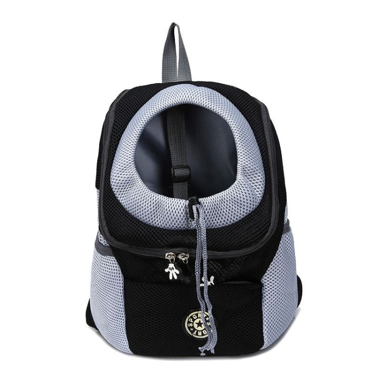 Soft-sided pet carrier backpack with ventilated front tunnel window, black and gray